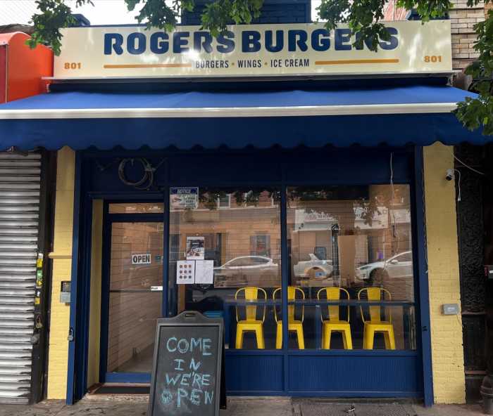 Signage of Rogers Burgers on 801 Rogers Ave., Brooklyn, NY 11226.