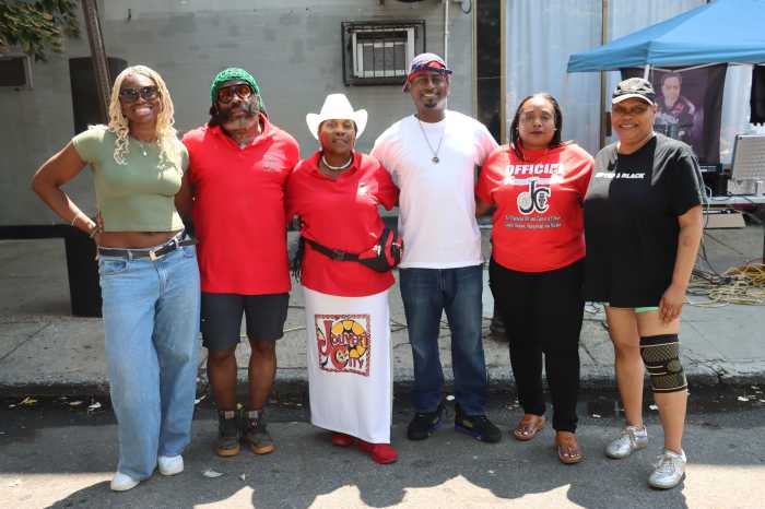 Yvette Rennie, third from left, with members of J'ouvert City International, Inc. at the launch of Caribbean J'ouvert in Brooklyn on Saturday, Aug. 2, 2025.