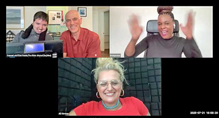 Screen grab of co-directors of “The Ride Ahead Samuel Habib” and his dad, Dan Habib, American Sign Language (ASL) Interpreter, and Tony Award-winning actor and The Ride Ahead cast member, Ali Stroker.