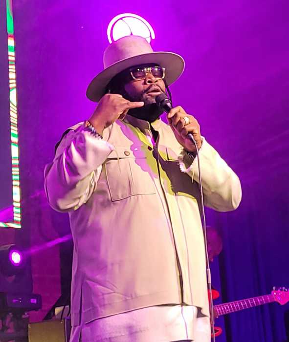 Gramps Morgan performing the hit single 'Down By The River' which brought a Morgan Heritage type of a vibe and energy to the stage at Crown Hill Theatre in Brooklyn.