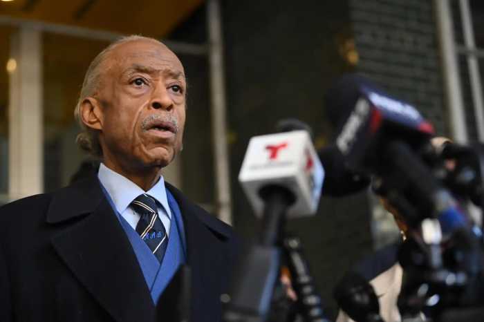 Rev. Al Sharpton speaking to reporters outside of Gov. Kathy Hochul’s office on Tuesday, Feb. 18, 2025.