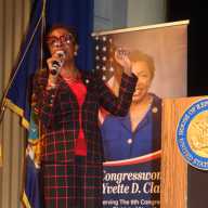 Caribbean-American Democratic Congresswoman Yvette D. Clarke addresses a town hall meeting at George Wingate High School Auditorium in Brooklyn on Jun. 16, 2025.