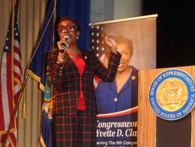 Caribbean-American Democratic Congresswoman Yvette D. Clarke addresses a town hall meeting at George Wingate High School Auditorium in Brooklyn on Jun. 16, 2025.