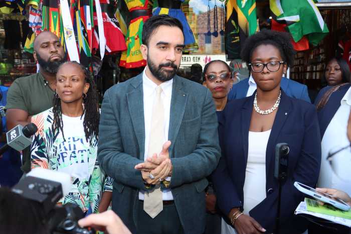 Democratic Mayoral Nominee Zohran Mamdani addresses press conference on Saturday, Aug. 30, flanked by Caribbean elected officials, including Assemblywoman Monique Chandler-Waterman, to his immediate right, and Assemblywoman Phara Souffrant Forrest, to his immediate left.