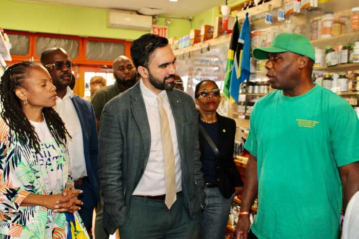 From left Assemblywoman Monique Chandler-Waterman Assemblymember Brian Cunningman, in back Mayor candidate Zohran Mamdani Councilmember Rita Joseph and owner of Nanni Health Food Veggie Restaurant Wayne Ragguette expressing concerns, on Church Avenue in Little Caribbean during an Aug. 30 tour.