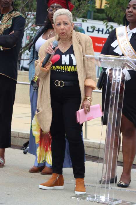 WIADCA Chair of Mas Trinidadian Cecile Ford addresses launch of WIADCA's 2025 Caribbean Carnival at Brooklyn Museum in August 2025.