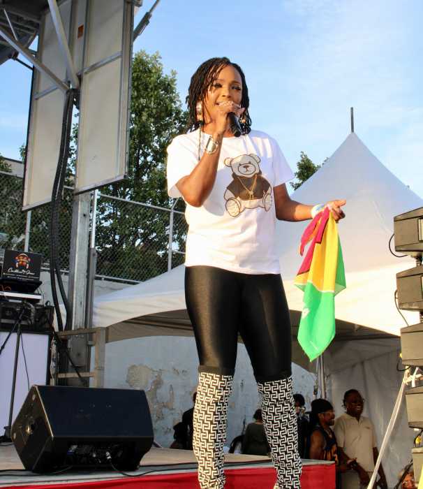 Singing sensation, Nekeita revved-up the colorfully dressed crowd at the 25th Annual Guyana Folk Festival Funday at Old Boys School grounds in Brooklyn on Aug. 31, 2025.
