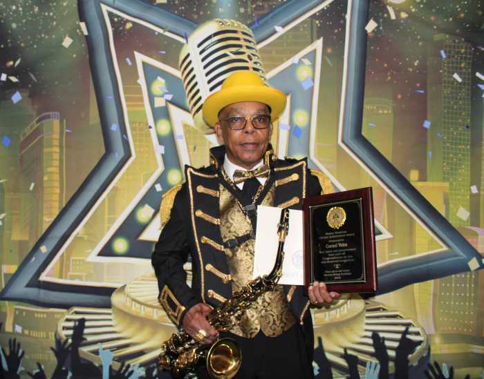 Multiple instrumentalist King Suflantis Edwards, pictured after being presented with the Master Musician Lifetime Achievement Award, on Sept. 14, at the Musician Appreciation Awards at Waterfall Lounge, on Church Avenue, Brooklyn.