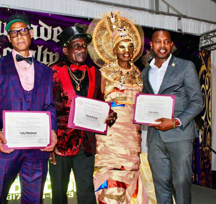 From left, Djs Teddy Mohamed, Winston Machuki, Donna Bridgeman, and Council Member Chris Banks, who presented Citations at Masquerade Ball at the Marine Park Golf Course, in Brooklyn, on Sept. 20, 2025. 