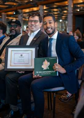 Brooklyn Borough President Antonio Reynoso, right, after accepting the Lawrence M. Orton Award for Leadership in City and Regional Planning from the American Planning Association’s New York Metro Chapter’s (APA-NYM).