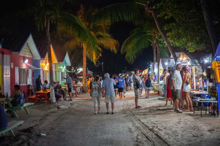 People walking and enjoying the shopping at vendors that are set up on a Friday night at Oistins in Barbados.