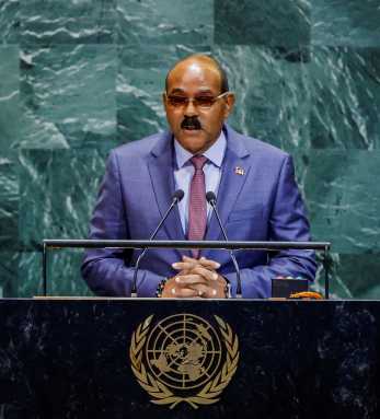 Antigua and Barbuda’s Prime Minister Gaston Browne addresses the 80th United Nations General Assembly at U.N. headquarters in New York, U.S., Sept. 26, 2025.