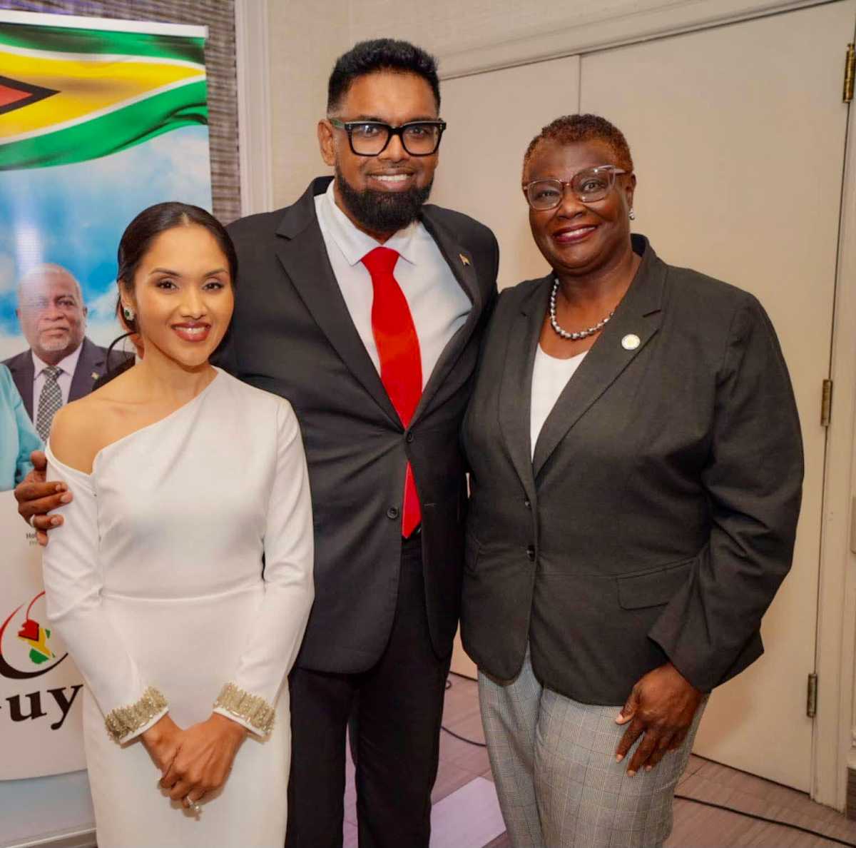 First Lady of Guyana Arya Ali, President Dr. Mohomed Irfaan Ali, on the sidelines of the 80th Session of the United Nations General Assembly, with NYS Senator Roxanne J. Persaud, at a Meet & Greet on Sept. 23, where the Head-of-state, addressed compatriots in the ballroom of Russo on the Bay in Howard Beach, Queens.