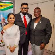 First Lady of Guyana Arya Ali, President Dr. Mohomed Irfaan Ali, on the sidelines of the 80th Session of the United Nations General Assembly, with NYS Senator Roxanne J. Persaud, at a Meet & Greet on Sept. 23, where the Head-of-state, addressed compatriots in the ballroom of Russo on the Bay in Howard Beach, Queens.