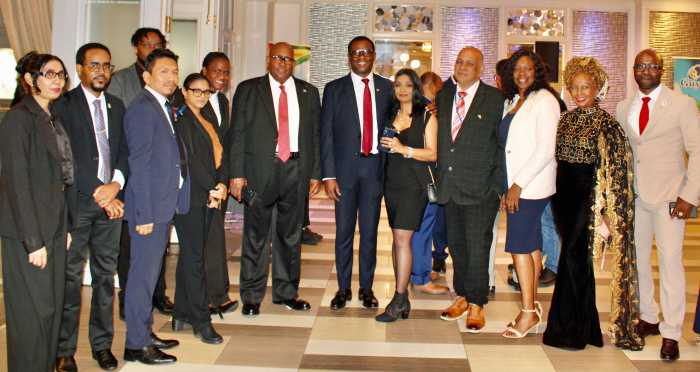 President of Guyana Dr. Mohomed Irfaan Ali on Sept. 23, on the sidelines of the 80th Session of the United Nations General Assembly hosted a Meet & Greet. Pictured are Consul General to New York, Ambassador Michael E. Brotherson, sixth from left, front row, next to him, is Minister of Foreign Affairs and International Corporation, Hugh Todd. They are surrounded by the hardworking and competent staff of the Consulate, and other compatriots in the Banquet Hall of Russo on the Bay in Howard Beach, Queens at a Meet & Greet.
