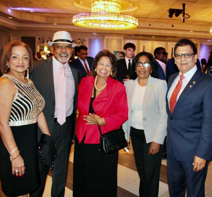 Third from left is prominent Realtor/Broker Rozanna Beaumont, Consulate staffer Indra Persaud, Diaspora Advisor, Fazal 'Joe' Yussuff, and other compatriots, in the Banquet Hall of Russo on the Bay in Howard Beach, Queens.