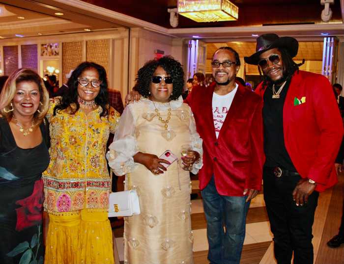 President of Guyana Dr. Mohomed Irfaan Ali on Sept. 23, on the sidelines of the 80th Session of the United Nations General Assembly, hosted a Meet & Greet, in the Banquet Hall of Russo on the Bay in Howard Beach, Queens. From left, are, President of Together We Serve, Sherry Williams, President of Power of the Soil, President of Guyana America Heritage Foundation, LadyIra Lewis, Music Promoter, CEO Whatzhott Ian Johnson, and Award-Winning Singer, Producer and Entertainer, Ryan Lynton AKA GUCCI BOSS.
