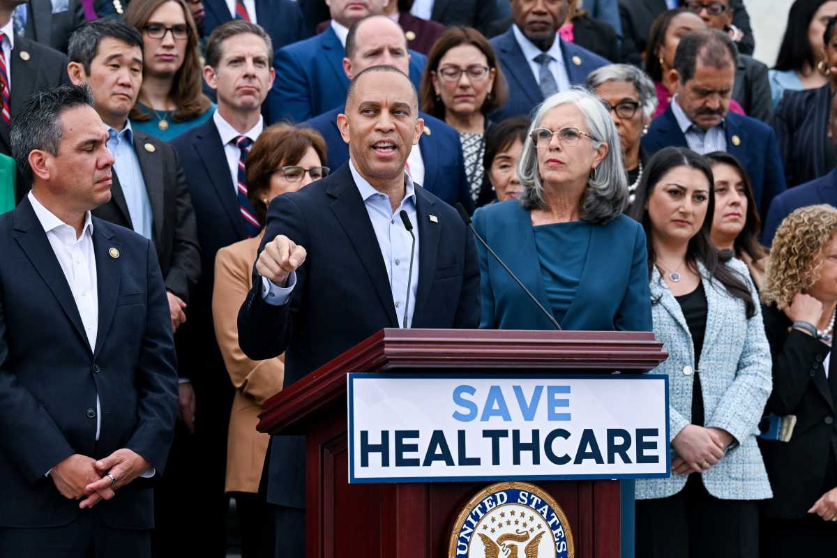 U.S. House Minority Leader Hakeem Jeffries (D-NY) and other Democratic House members hold a press conference on the House Steps a day before a partial government shutdown is set to take effect on Capitol Hill in Washington, D.C., U.S., Sept. 30, 2025