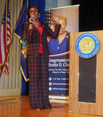Caribbean-American Democratic U.S. Representative Yvette D. Clarke addresses town hall meeting at George Wingate High School Auditorium in Brooklyn on June 16, 2025.