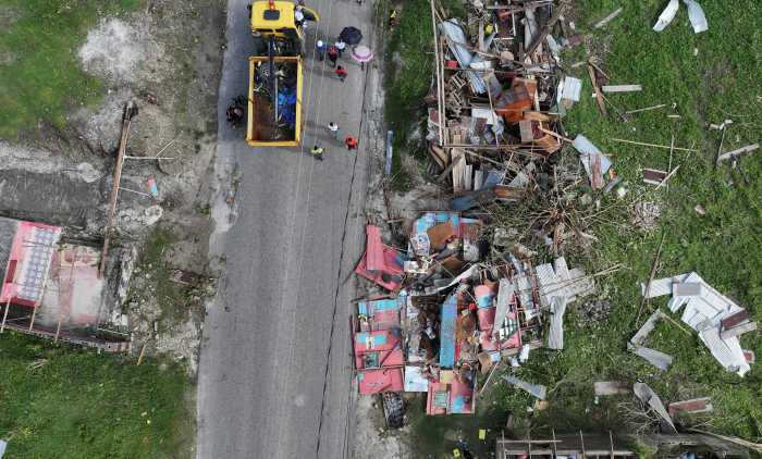Drone view of damaged houses after Hurricane Melissa made landfall, in Lacovia, Saint Elizabeth Parish, Jamaica, Oct. 29, 2025.