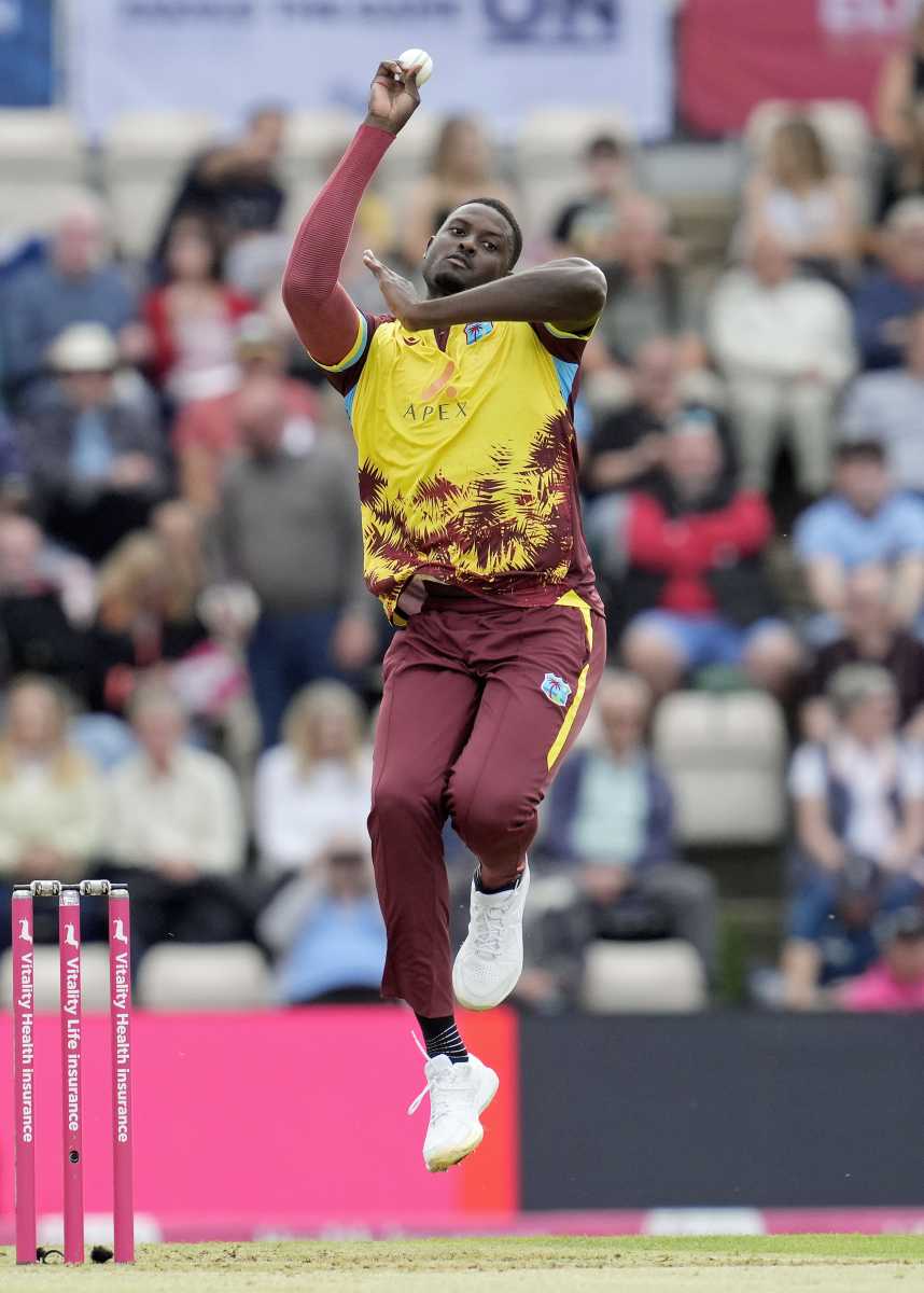 West Indies' Jason Holder bowling during the third Men's International Twenty20 match at the Utilita Bowl, Southampton on Tuesday, June 10, 2025.