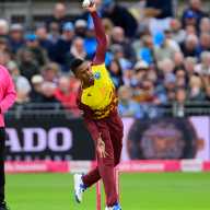 Akeal Hosein of West Indies bowls during the 2nd International T20 match between England and West Indies at Seat Unique on 8 June 2025 in Bristol.