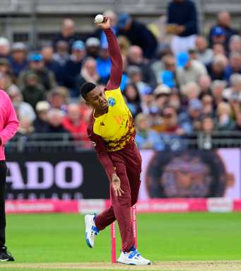 Akeal Hosein of West Indies bowls during the 2nd International T20 match between England and West Indies at Seat Unique on 8 June 2025 in Bristol.