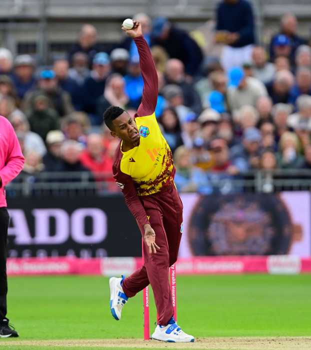 Akeal Hosein of West Indies bowls during the 2nd International T20 match between England and West Indies at Seat Unique on 8 June 2025 in Bristol. 