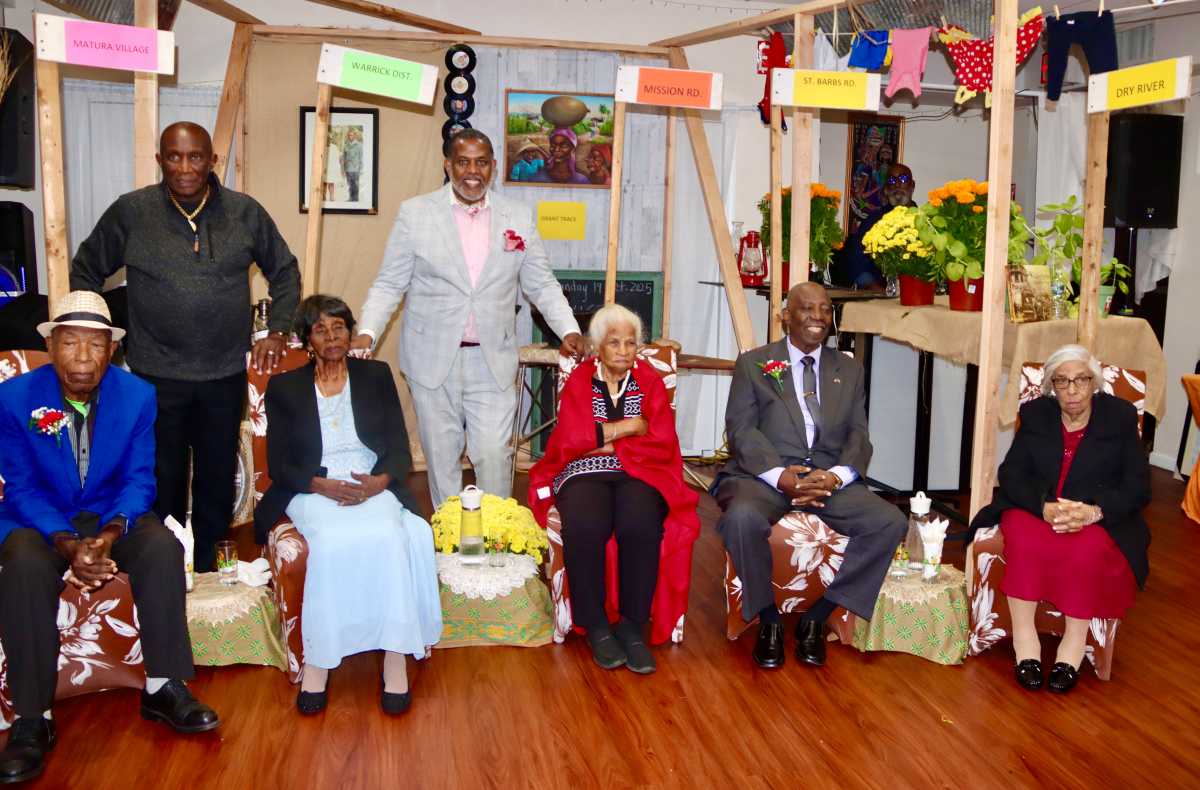 Seated are Yesterday's Children honorees, from left, are Victor Mungo, Iris Porter, Joyce Bailey, Michael Young and Vitis McGuire, Standing, are Winston “Gypsy” Peters, and Senator Kevin Parker, at the 15th Annual celebration at the Golden Palace in Queens on Oct. 19, 2025.