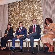 Panelists at the Nov. 14, 2025, Guyana Diaspora Forum Series: NY edition at the Vetro Restaurant in Howard Beach, was moderated by Wazim Mowla, left, next to him is, Taij Persaud, government relations advisor, ExxonMobil Guyana Limited, Faizal Joe Yussuf, advisor on Investment & Diaspora Affairs, Rafael Fumis, country manager, MODEC Guyana, and Imogen Ferdinand, executive secretary, Berbice Chambers and Development Association.