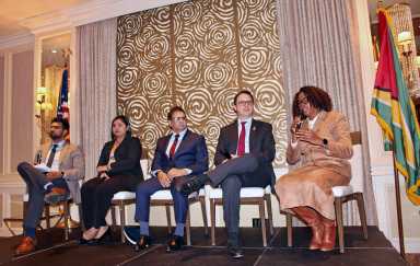 Panelists at the Nov. 14, 2025, Guyana Diaspora Forum Series: NY edition at the Vetro Restaurant in Howard Beach, was moderated by Wazim Mowla, left, next to him is, Taij Persaud, government relations advisor, ExxonMobil Guyana Limited, Faizal Joe Yussuf, advisor on Investment & Diaspora Affairs, Rafael Fumis, country manager, MODEC Guyana, and Imogen Ferdinand, executive secretary, Berbice Chambers and Development Association.