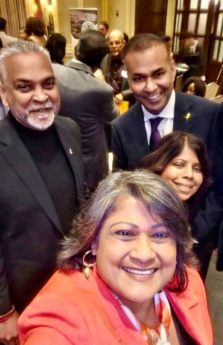 Jenny Persaud, Queens organizer, foreground, with husband Ray Persaud, Minister of Foreign Affairs and International Cooperation, Robert Persaud, Colleen Chattergoon, transportation specialist NYC DO, and an attendee, in a playful selfie, at the Nov. 14, Guyana Diaspora Forum Series: NY edition at the Vetro Restaurant in Howard Beach.