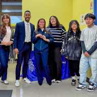 Brooklyn Borough President Antonio Reynoso, third from left, with students and personnel of BK International High School Food Pantry. The politician launched a resource drive to support Jamaica following Hurricane Melissa. Essential items could be dropped off at Borough Hall until Nov. 26 at 4 p.m.