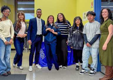 Brooklyn Borough President Antonio Reynoso, third from left, with students and personnel of BK International High School Food Pantry. The politician launched a resource drive to support Jamaica following Hurricane Melissa. Essential items could be dropped off at Borough Hall until Nov. 26 at 4 p.m.