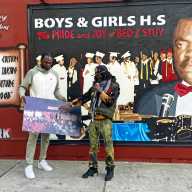 Community organizer and The C.U.R.E. R.A.T.E.R. nonprofit founder, Vaughn Jefferson (left), who commissioned the Dr. Frank Mickens mural, with mural artist UncuttArt.