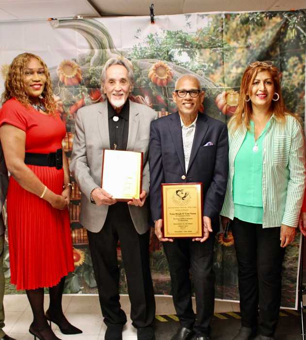Elected officials presented accolades to humanitarians at the year-end Queens Book Festival & Literary Festival, Inc. and the NYC office of Adult & Continuing Education event, at the Queens Library in Richmond Hill, from left, Principal, Adult & Continuing Education Sabrina Fleming, Founder of River Fund Pantry Swami Durga, award recipient, Founder of Community Pantry Tony Singh, award recipient, and Community Board 9 Manager, and honoree coordinator Sherry Algredo.