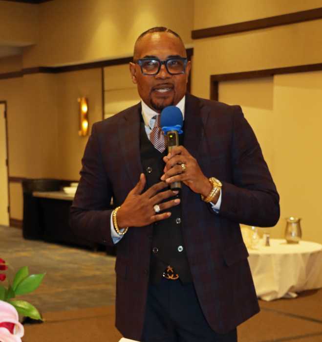 Pastor Dacosta Harry pays tribute to Pastor Neithe E. Soleyn.