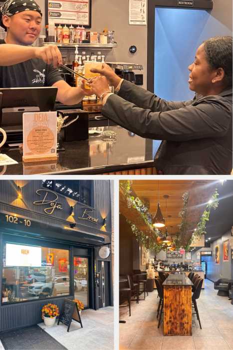 Customers enjoy specialty coffees and teas crafted from authentic ingredients inside Déjà Brew Café’s cozy, modern space on Jamaica Avenue in Queens.