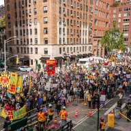 Tens of thousands of New Yorkers peacefully marched from the heart of the Big Apple to Lower Manhattan on Saturday in protest of President Trump and his policies, including the escalation of violence against United States citizens.