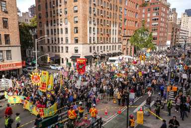 Tens of thousands of New Yorkers peacefully marched from the heart of the Big Apple to Lower Manhattan on Saturday in protest of President Trump and his policies, including the escalation of violence against United States citizens.