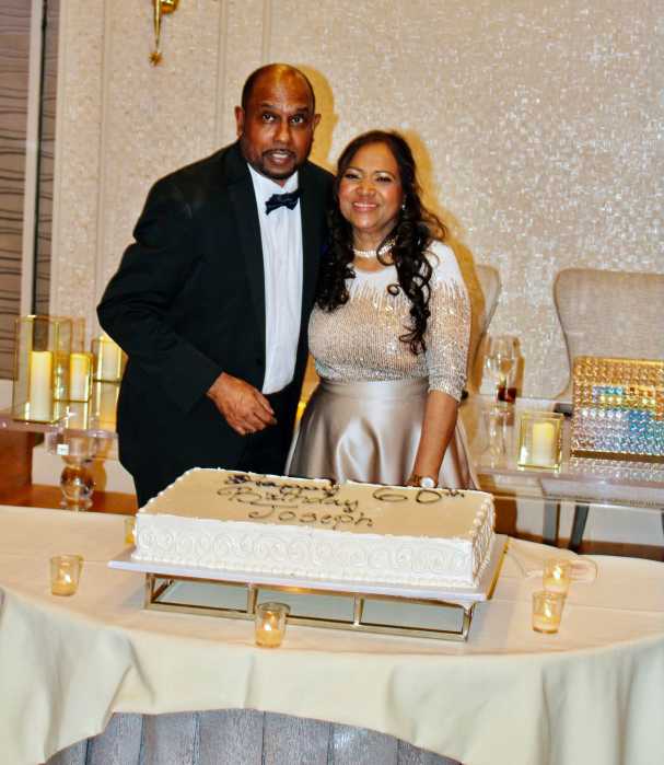 Lead pastor of Liberty Bible Fellowship Church in Ozone Park Queens, Joseph Persaud and wife, First Lady Rachael Persaud cut the cake during the pastor's 60th Birthday celebration, and the renewing of their 35th wedding anniversary in the ballroom of the elegant Crescent Beach Club in Bayville Long Island, on Nov. 7, 2025.