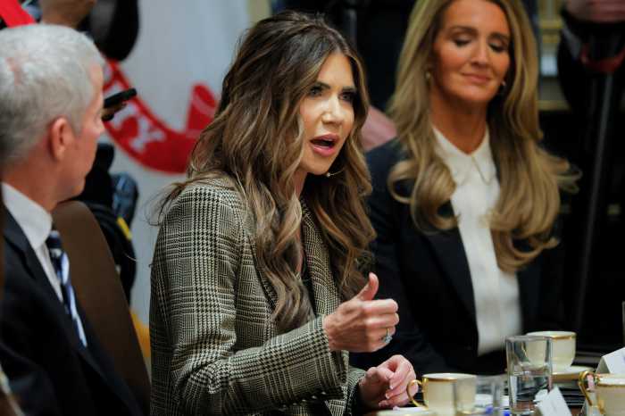 U.S. Homeland Security Secretary Kristi Noem speaks during a cabinet meeting with U.S. President Donald Trump, at the White House in Washington, D.C., U.S., December 2, 2025.