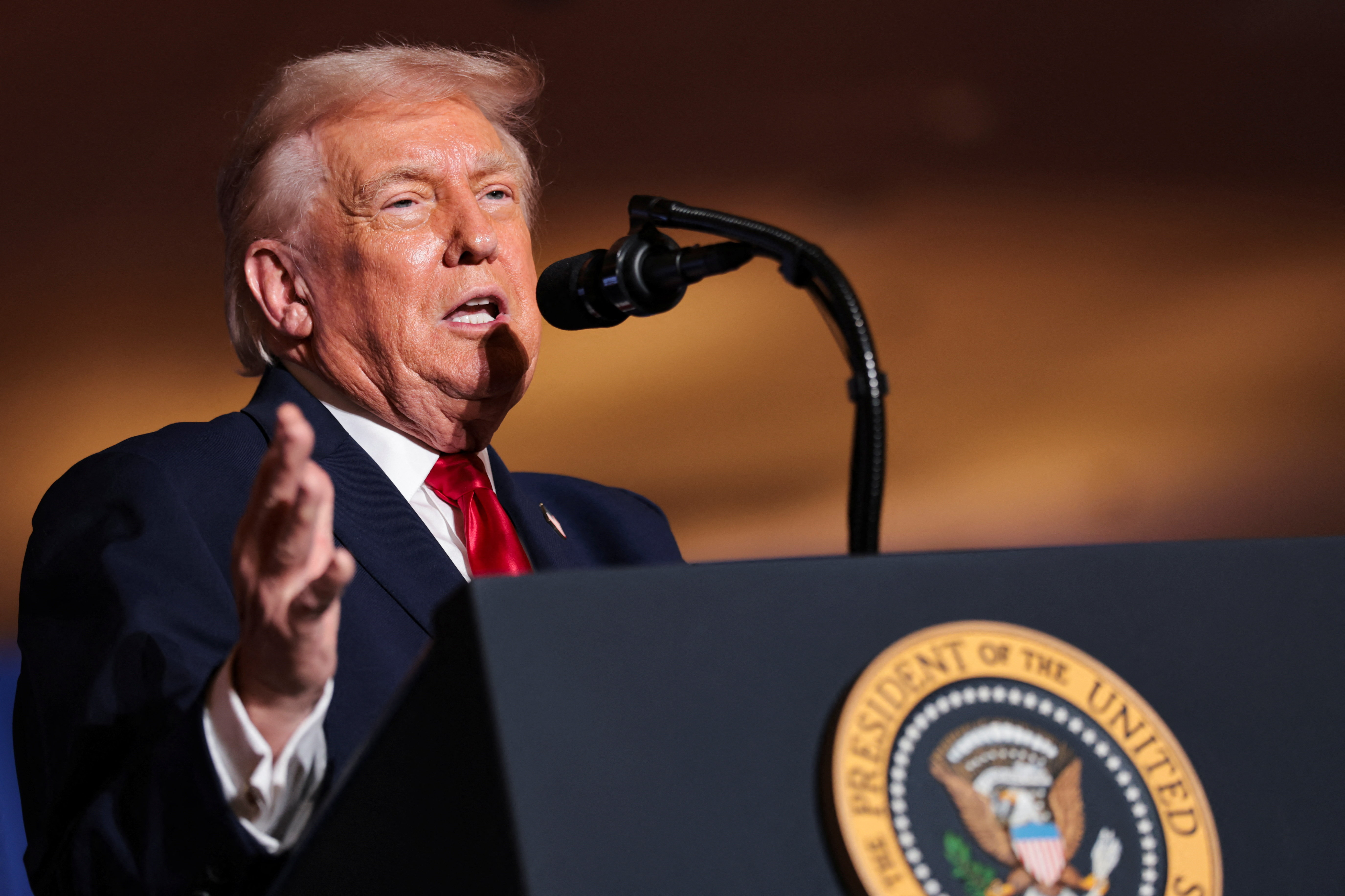U.S. President Donald Trump delivers remarks on the U.S. economy and affordability at the Mount Airy Casino Resort in Mount Pocono, Pennsylvania, U.S. December 9, 2025.