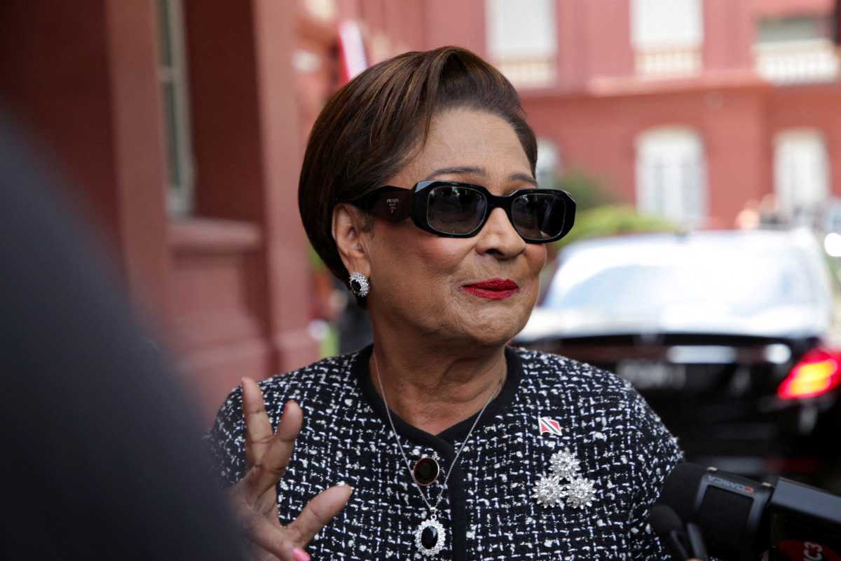 Prime Minister of Trinidad and Tobago Kamla Persad-Bissessar replies to the media after being asked about the presence of U.S. military in the southern Caribbean, at the Red House, parliamentary building, in Port of Spain, Trinidad and Tobago, September 12, 2025.