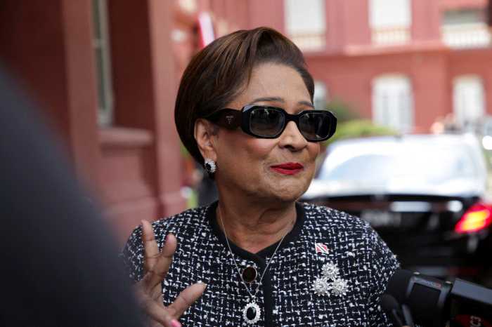 Prime Minister of Trinidad and Tobago Kamla Persad-Bissessar replies to the media after being asked about the presence of U.S. military in the southern Caribbean, at the Red House, parliamentary building, in Port of Spain, Trinidad and Tobago, September 12, 2025.