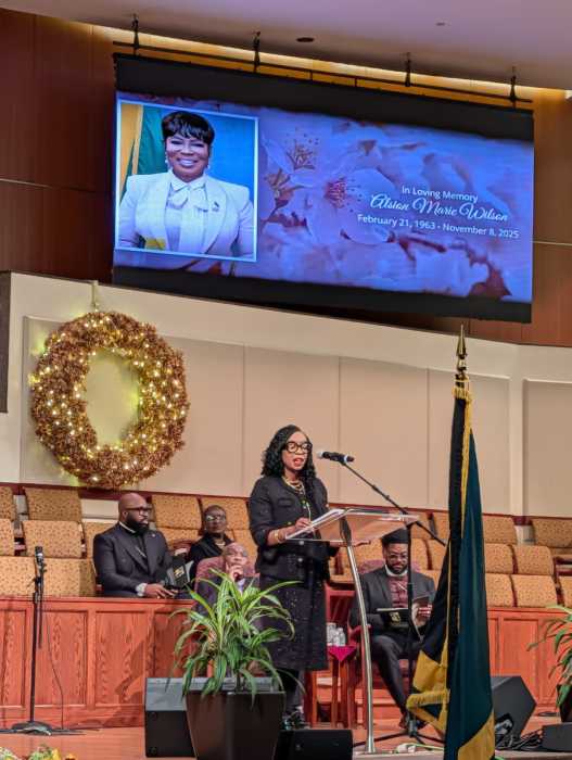 Hon. Yvette D. Clarke, U.S. Representative for New York's 9th Congressional District, delivering her remarks at the celebration of life for Consul General Alsion Wilson.