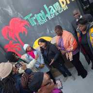 Assembly Member Jaime Williams, center, in all-black, flanked by Assembly Member Monique Chandler-Waterman to her immediate right; Sen. Roxanne Persaud, to Williams' immediate left; and Brooklyn Canarsie Lions President Jean Joseph, to Persaud's immediate left.