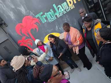 Assembly Member Jaime Williams, center, in all-black, flanked by Assembly Member Monique Chandler-Waterman to her immediate right; Sen. Roxanne Persaud, to Williams' immediate left; and Brooklyn Canarsie Lions President Jean Joseph, to Persaud's immediate left.