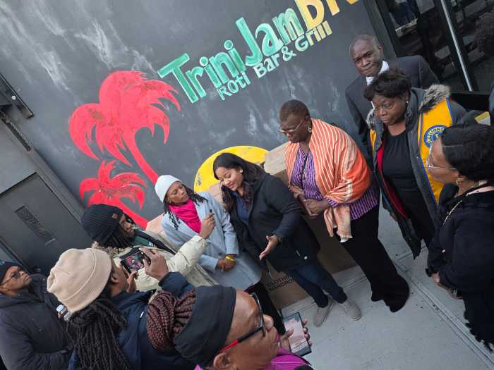 Assembly Member Jaime Williams, center, in all-black, flanked by Assembly Member Monique Chandler-Waterman to her immediate right; Sen. Roxanne Persaud, to Williams' immediate left; and Brooklyn Canarsie Lions President Jean Joseph, to Persaud's immediate left.