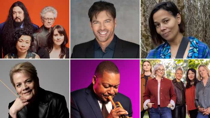 Clockwise from top left: Kronos Quartet by Danica Taylor, Harry Connick Jr. by Georgia Connick, Rhiannon Giddens by Karen Cox, Marin Alsop by Nancy Horowitz, Wynton Marsalis by Piper Ferguson, and Artemis by John Abbott.